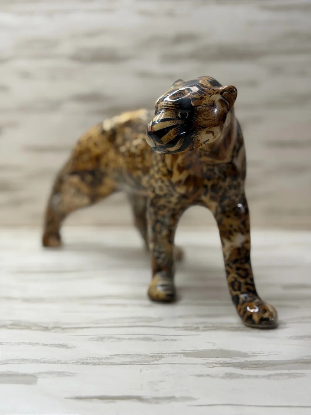 Vintage La Vie Safari Patchwork Leopard Figurine Ceramic Animal Print Panther